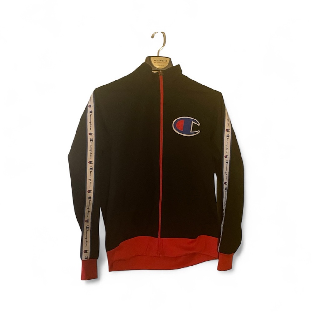 Champion Black Jacket with Red and Blue Accents